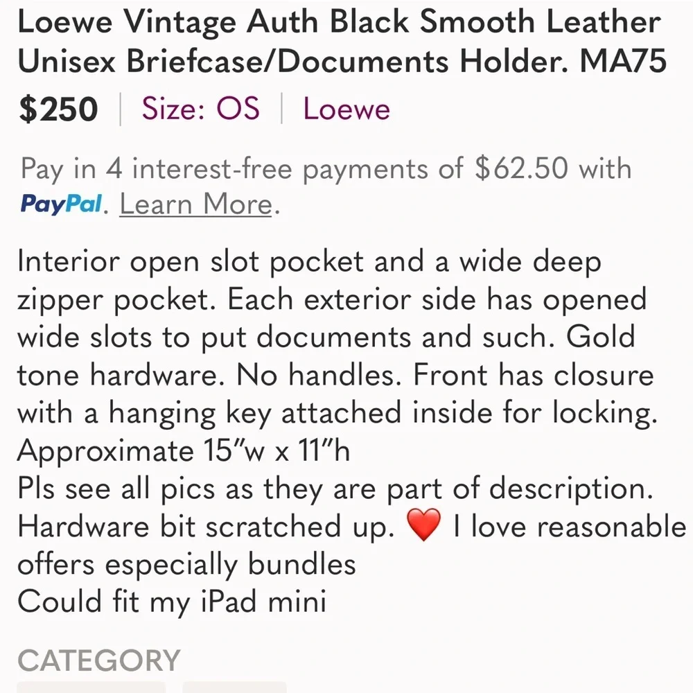 Loewe Vintage Auth Smooth Black Leather Briefcase/document Holder Unisex. MA75